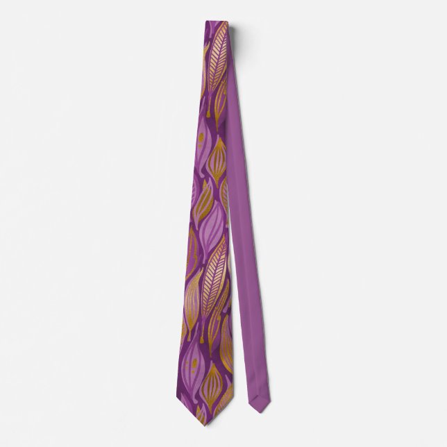 Elegant Plum Purple Metallic Gold Abstract Foliage Tie (Front)
