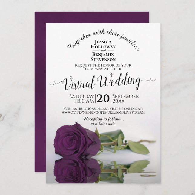 Elegant Plum Purple Romantic Rose Virtual Wedding Invitation (Front/Back)