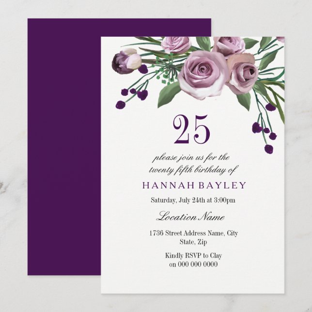 Elegant Plum Purple Rose 25th Birthday Invitation (Front/Back)
