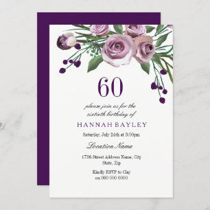Elegant Plum Purple Rose 60th Birthday Invitation