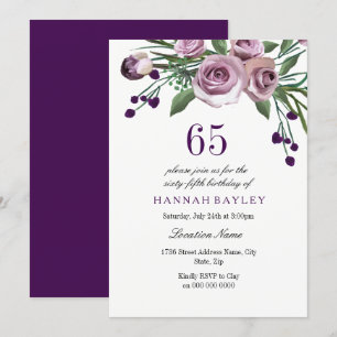 Elegant Plum Purple Rose 65th Birthday Invitation