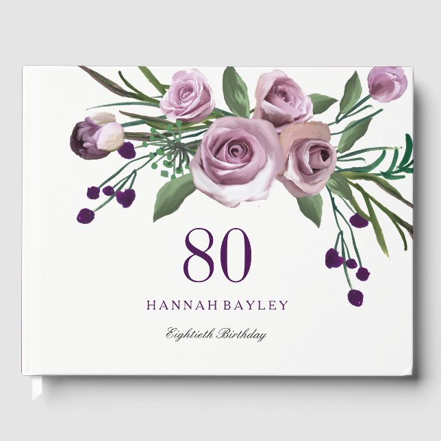 Elegant Plum Purple Rose 80th Birthday Guestbook (Front)