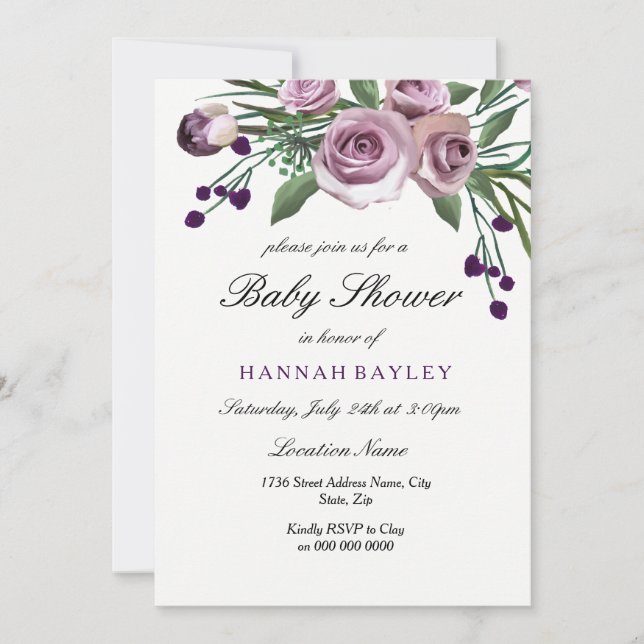 Elegant Plum Purple Rose Baby Shower Invitation (Front)