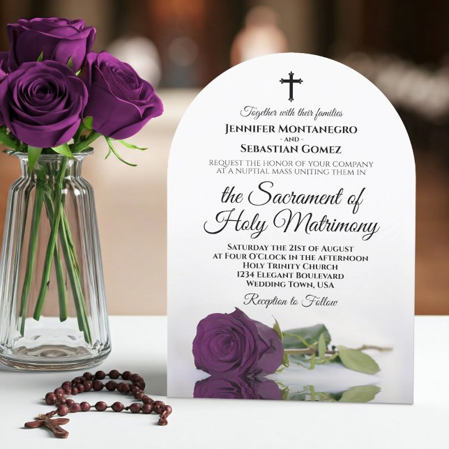 Elegant Plum Purple Rose Catholic Arch Wedding Invitation (With Arch Cut)
