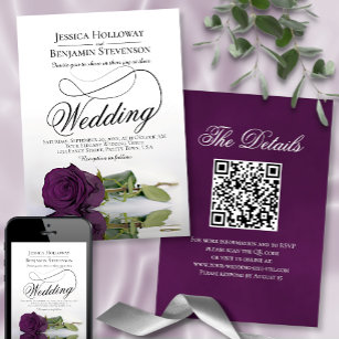 Elegant Plum Purple Rose Fancy QR Code Wedding Invitation