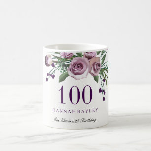 Elegant Plum Purple Rose Floral 100th Birthday Coffee Mug