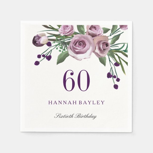 Elegant Plum Purple Rose Floral 60th Birthday Napkin (Front)