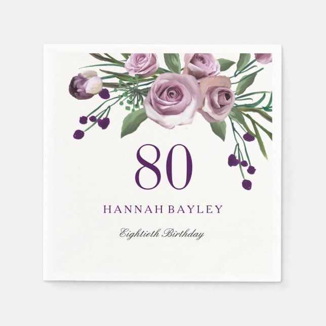 Elegant Plum Purple Rose Floral 80th Birthday Napkin (Front)