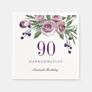 Elegant Plum Purple Rose Floral 90th Birthday Napkin