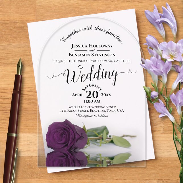 Elegant Plum Purple Rose Lacy Calligraphy Wedding Acrylic Invitations (Clear with Arch Cut)