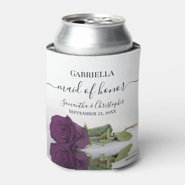 Elegant Plum Purple Rose Maid of Honour Wedding Can Cooler (Can Front)