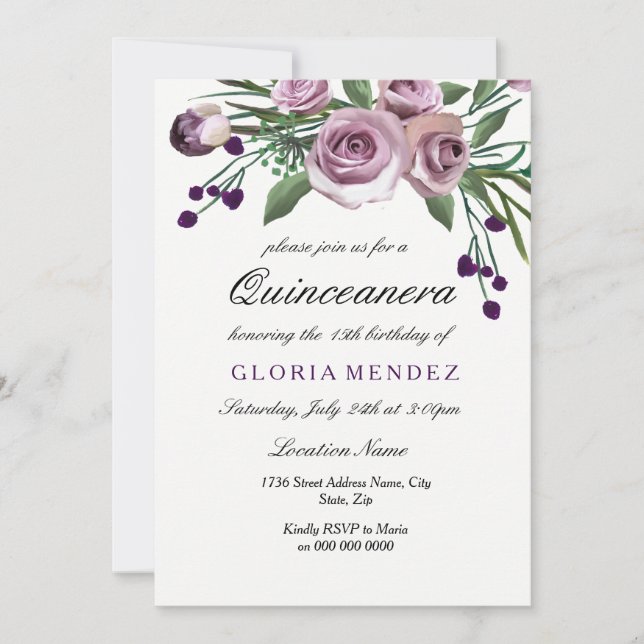 Elegant Plum Purple Rose Quinceanera Invitation (Front)