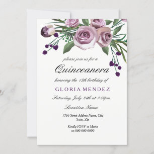 Elegant Plum Purple Rose Quinceanera Invitation