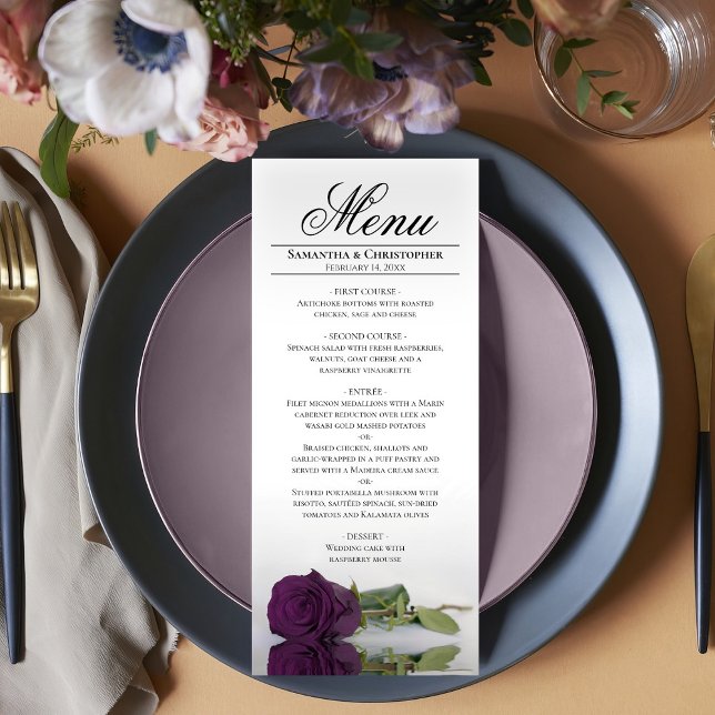 Elegant Plum Purple Rose Reflections Wedding Menu (In Situ on Plate)
