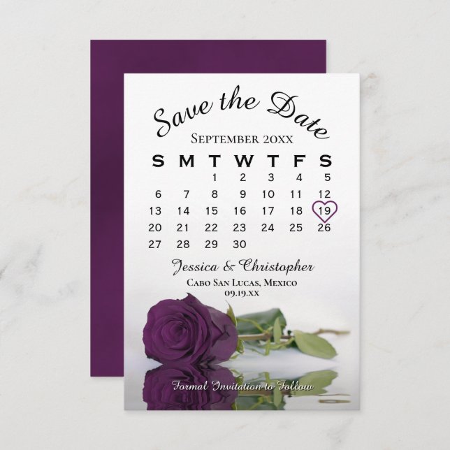 Elegant Plum Purple Rose Romantic Wedding Calendar Save The Date (Front/Back)