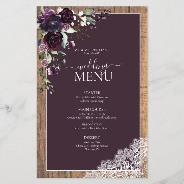 Elegant Plum Purple Rustic Wood Script Wedding (Front)