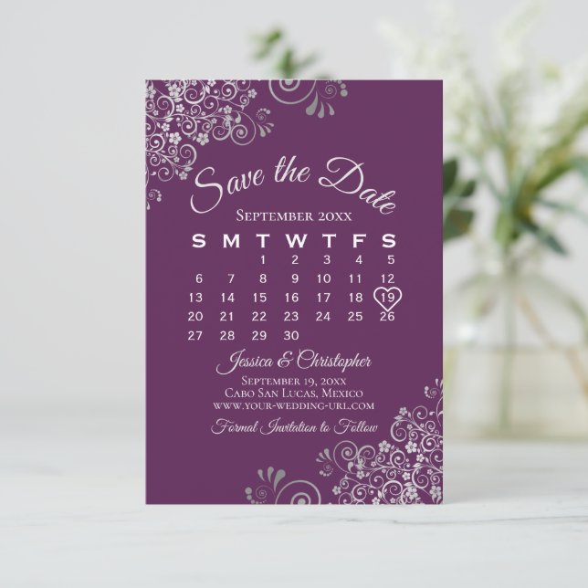 Elegant Plum Purple & Silver Wedding Calendar Save The Date (Standing Front)