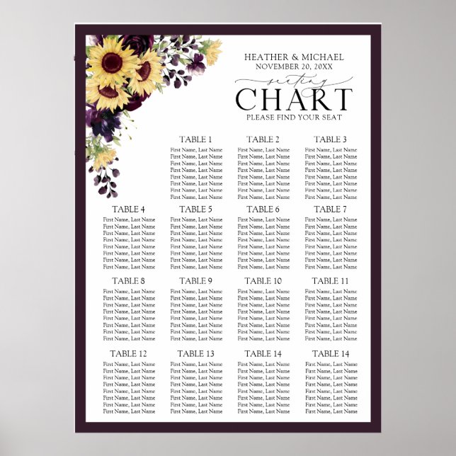 Elegant Plum Purple Sunflower Reception Seating Poster (Front)
