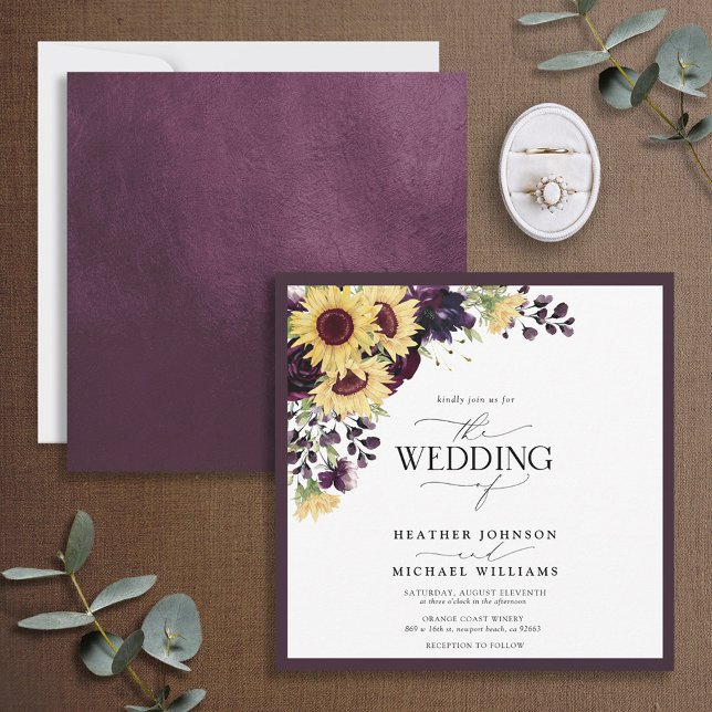 Elegant Plum Purple Sunflower Watercolor Wedding Invitation (Creator Uploaded)