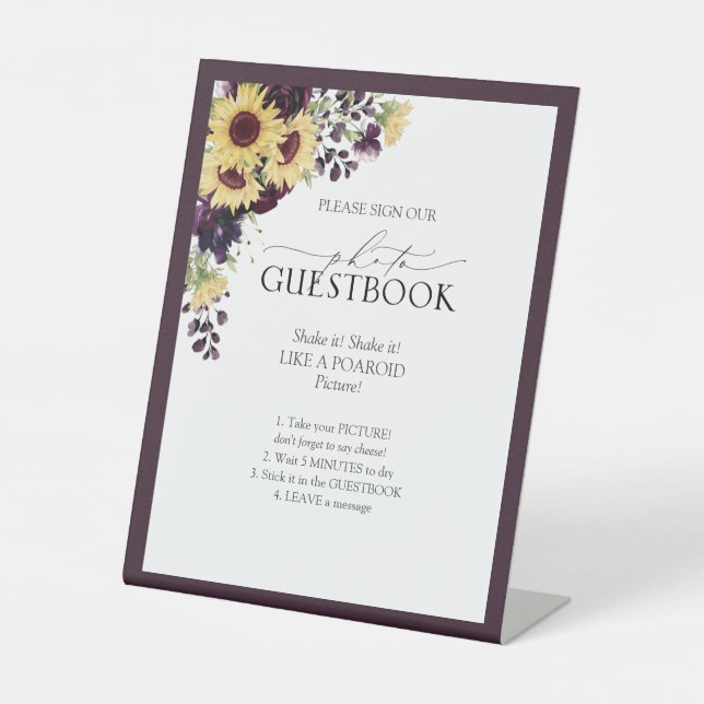 Elegant Plum Purple Sunflower Wedding Guestbook Pedestal Sign (Front)
