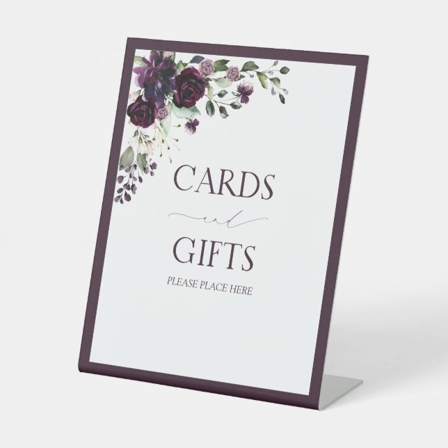 Elegant Plum Purple Watercolor Bridal Shower Gift Pedestal Sign (Front)