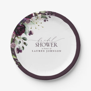 Elegant Plum Purple Watercolor Bridal Shower Paper Plate