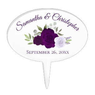 Elegant Plum Purple Watercolor Floral Wedding Cake Pick