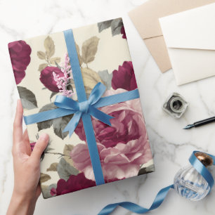 Elegant Plum Rose Ivory Floral Pattern Wrapping Paper