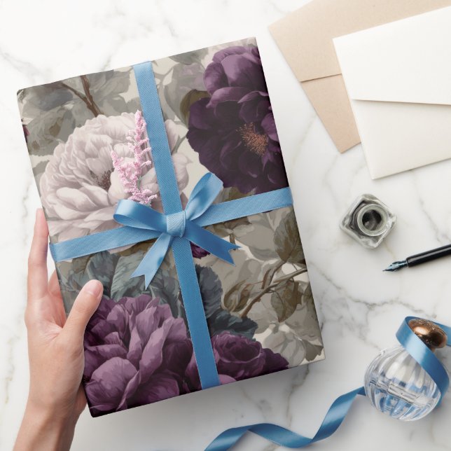 Elegant Plum Rose Ivory Floral Pattern Wrapping Paper (Gifting)