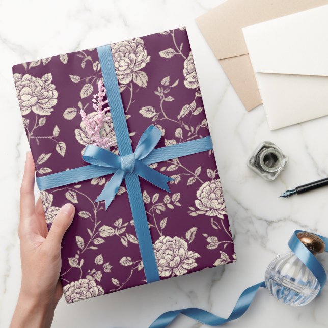 Elegant Plum Rose Ivory Floral Pattern Wrapping Paper (Gifting)