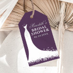 Elegant Plum Silver Wedding Gown Bridal Shower Gift Tags<br><div class="desc">Cardstock bridal shower favor tags feature a wedding gown,  white,  platinum gray,  and deep plum / eggplant / aubergine purple color scheme,  and custom text that can be personalized with the bride's name and event date. A chic butterfly pattern dresses up the back side of the card.</div>