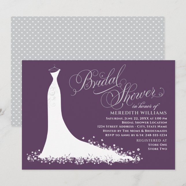 Elegant Plum Silver Wedding Gown Bridal Shower Invitation (Front/Back)