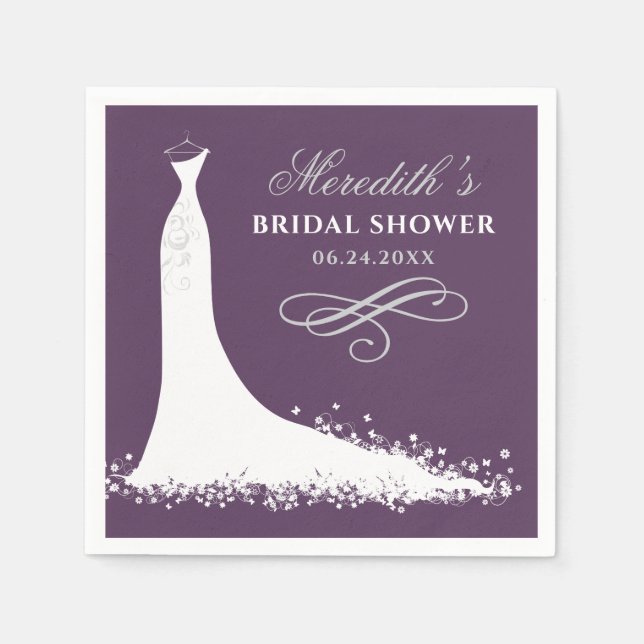 Elegant Plum Silver Wedding Gown Bridal Shower Napkin (Front)