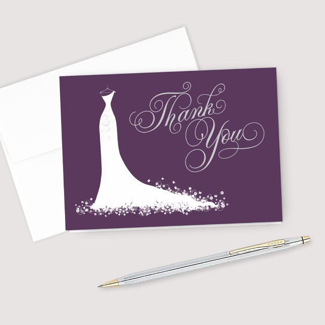 Elegant Plum Silver Wedding Gown Bridal Shower Thank You Card (Creator Uploaded)