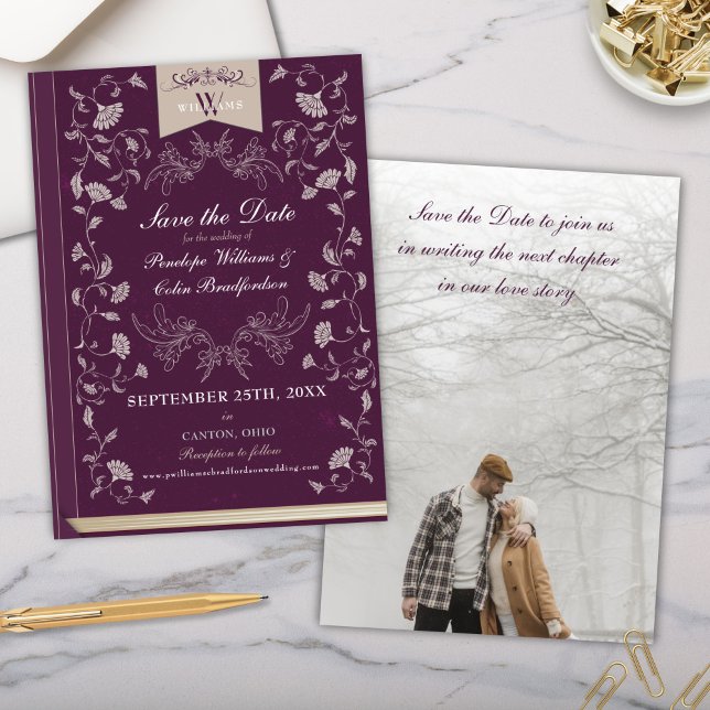 Elegant Plum Tan Book Cover Wedding Save the Date Invitation (purple and cream library book cover wedding save the date invitation cards with full photo)