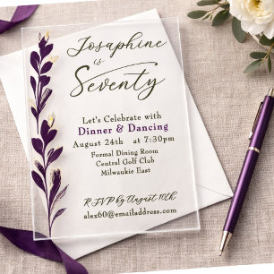  Elegant Plum Watercolor Botanical 70th Birthday Acrylic Invitations