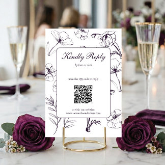 Elegant PlumPurple Floral Line Art QR Code Wedding RSVP Card