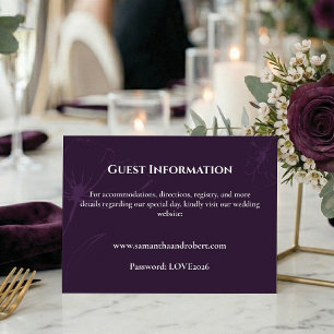 Elegant PlumPurple Floral Line Art Wedding Details Enclosure Card