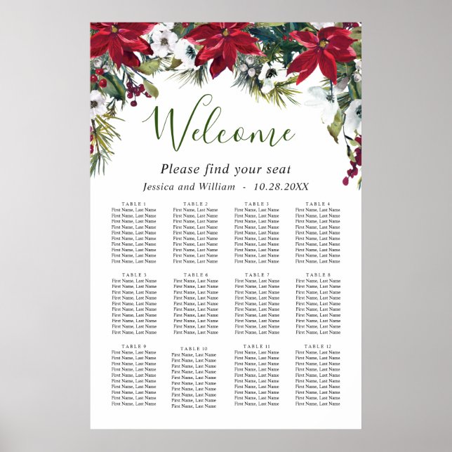 Elegant Poinsettia 12 Tables Wedding SEATING CHART (Front)