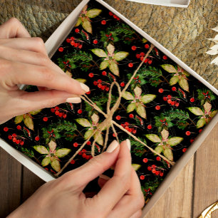 Elegant Poinsettia and Berries on Black Tissue Paper