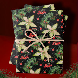 Elegant Poinsettia and Berries on Black Wrapping Paper Sheet