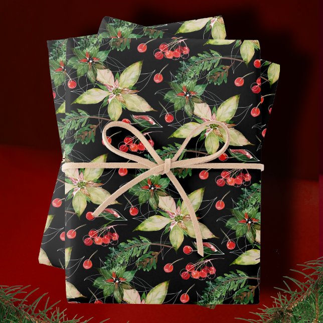 Elegant Poinsettia and Berries on Black Wrapping Paper Sheet (Creator Uploaded)