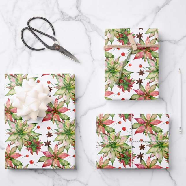Elegant Poinsettia and Berries Wrapping Paper Sheet (Front)