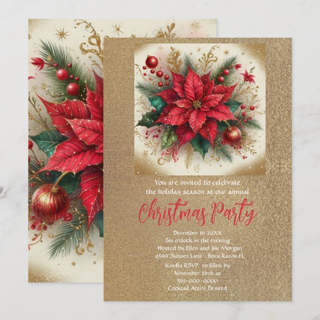 Elegant Poinsettia and Gold Glitter  Invitation (Front/Back)