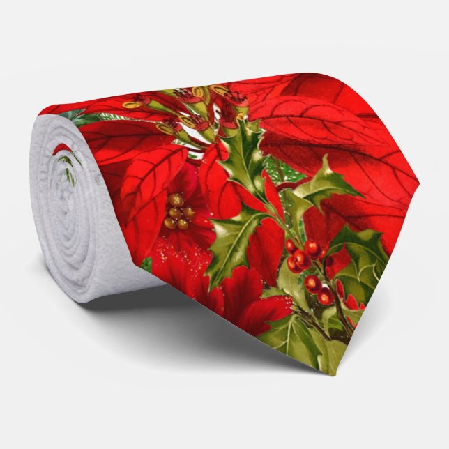 Elegant Poinsettia and Snowflake Holiday Tie (Rolled)