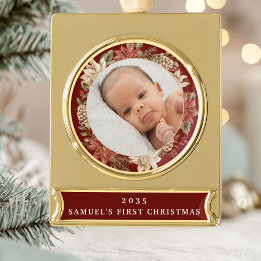 Elegant Poinsettia Baby's First Christmas Photo Gold Plated Banner Ornament