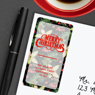Elegant Poinsettia Berries on Black Return Address Label