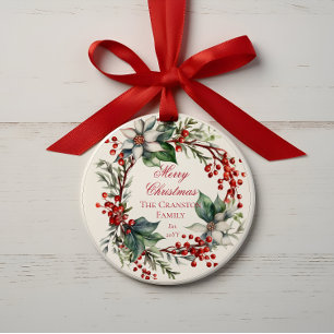 Elegant Poinsettia Berries Wreath Merry Christmas Ornament