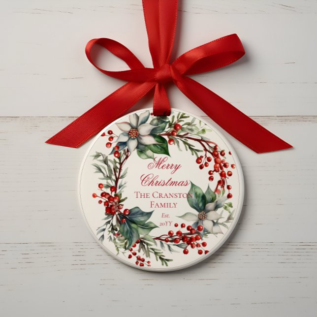 Elegant Poinsettia Berries Wreath Merry Christmas Ornament (Elegant Poinsettia and Berries Wreath "Merry Christmas" Family Name and Date Holiday Ornament)