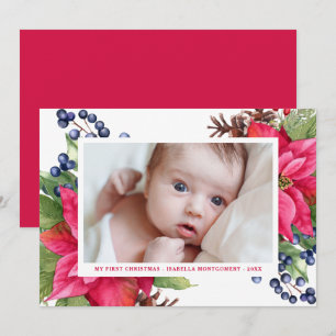 Elegant Poinsettia Berry My First Christmas Photo  Holiday Card